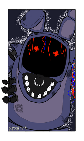 A drawing of a torso shot of Withered Bonnie from FNAF. It looks as though he is gripping the side of the screen and leaning towards the viewer.